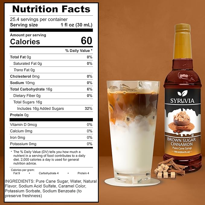 Syruvia Coffee Syrup, Brown Sugar Cinnamon Flavored Syrup for Drinks, Lattes, and Desserts – 25.4 fl oz, With Pump
