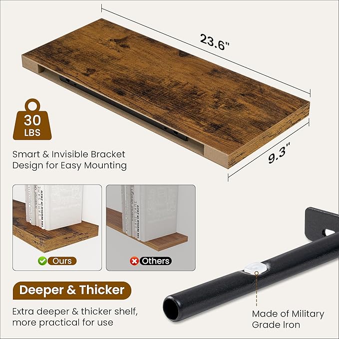Fun Memories 24 Inch Floating Shelves for Wall, 9 Inch Deep Brown Rustic Wood Wall Mounted Shelves for Bathroom, Kitchen, Living Room, Set of 2