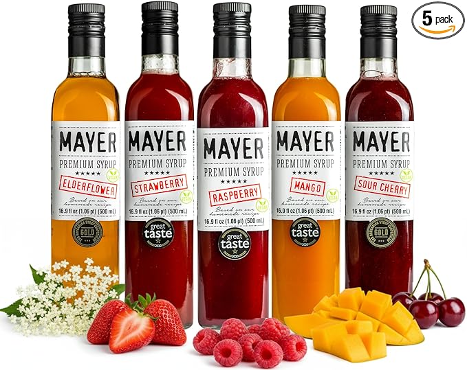 Mayer Premium Hungarian Handcrafted Syrup Variety Pack – Award-Winning Natural Fruit Syrups (Raspberry, Mango, Elderflower, Sour Cherry, Strawberry), No Artificial Additives, 5 × 16.9oz Bottles