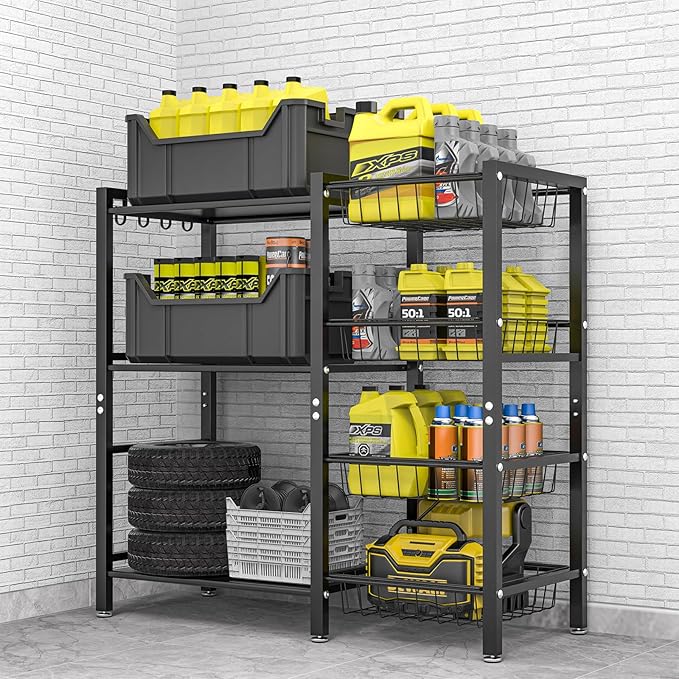 Storage Rack Kitchen Baker's Rack - 3 Tiers 4 Baskets, Utility Coffee Bar, Air Fryer Stand with Steel Mesh Baskets