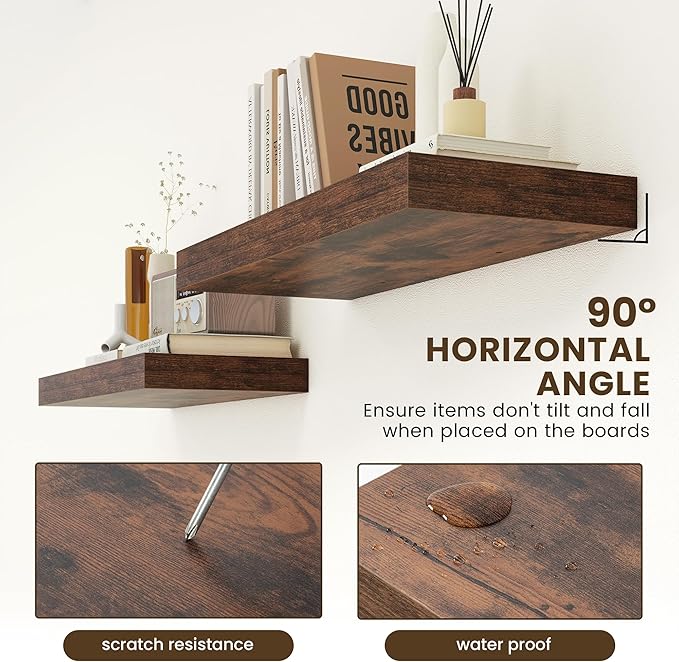 30 Inch Floating Shelves | 12 Inch Deep Brown Floating Shelves Set of 2 | 30" W x 12" D Rustic Wood Shelves for Wall | Deep Brown Shelves for Living Room Bathroom Laundry Room Kitchen