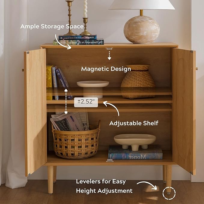 Rattan Storage Cabinets with Shelves, Narrow Cabinet with Storage, Sideboard Cabinet with Doors, Rattan Cabinets for Kitchen Dining Room Living Room, Natural Oak