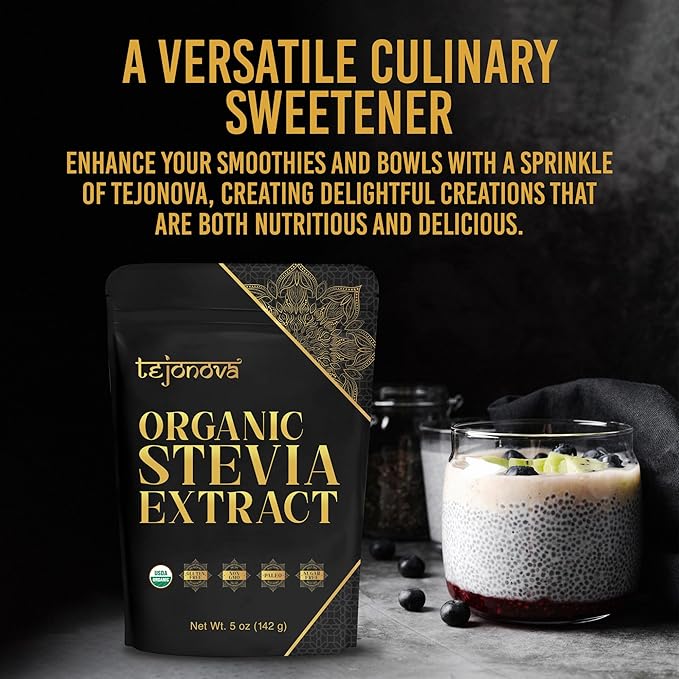 tejonova Organic Stevia Powder, 5oz, Stevia Sweetener, Stevia Organic, Stevia Extract Powder, Zero Calorie Sweetener, Stevia Sugar Substitute, Pure Stevia No Additives, 1014 Servings