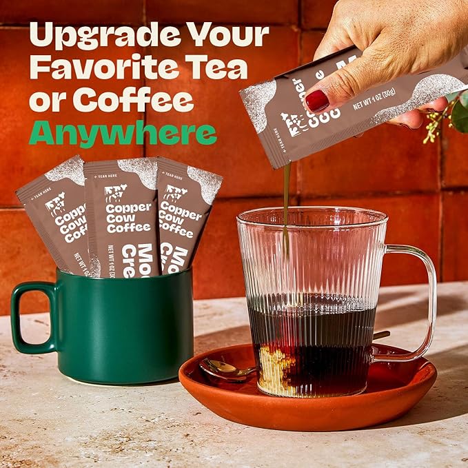 Copper Cow Coffee Sweetened Mocha Milk Creamer Singles (24 pack) | Vietnamese Inspired Coffee Creamer, All Natural Creamer Packets for Pour Overs & Lattes | No Refrigeration Needed, Travel Friendly