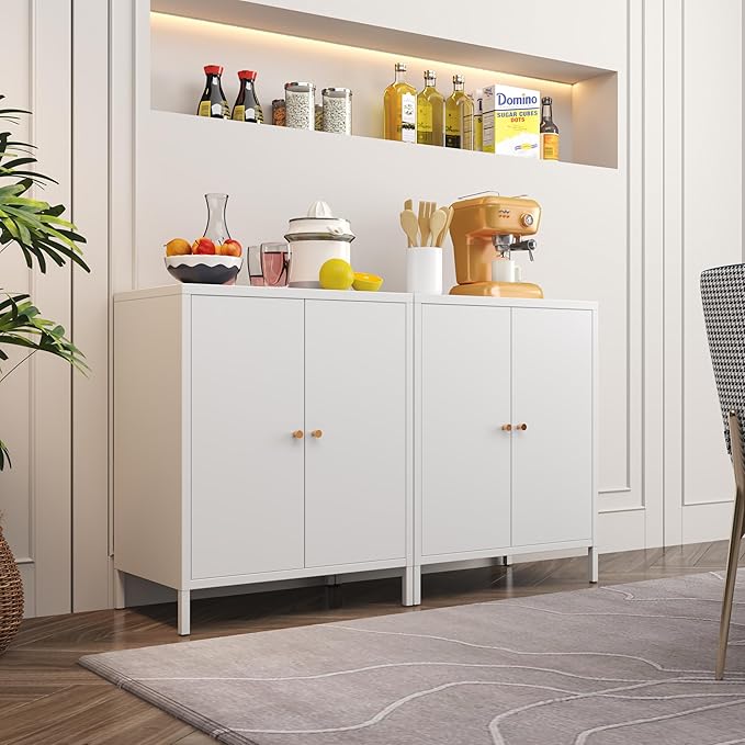 Small 2 Metal Storage Side Buffet Cabinet for Bed Room,Living Room,Entryway,Hallway,Home,Hotel,Office,Garage,Kitchen,1 Removable Shelf. (Metal Door, White)
