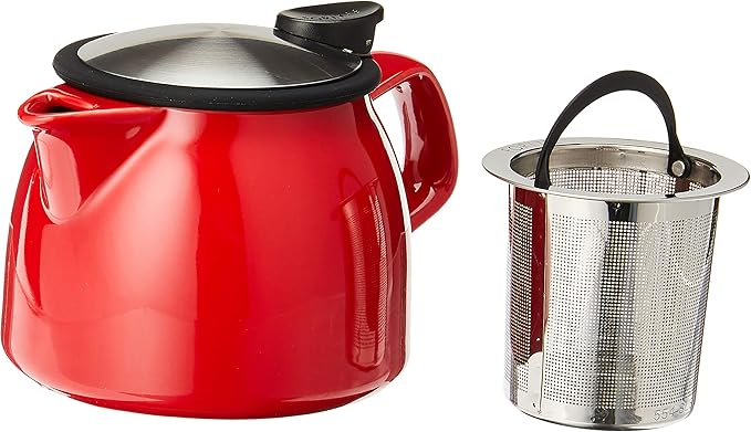 FORLIFE Bell Ceramic Teapot with Basket Infuser, 16-Ounce/470ml, Red