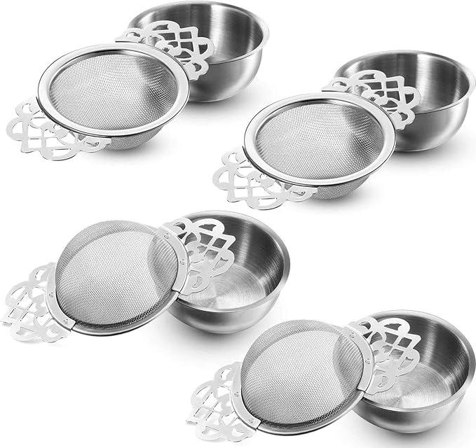 Hotop 4 Pieces Empress Tea Strainers with Drip Bowls, Mesh Tea Infuser Stainless Steel Loose Leaf Residue Filter with Handles for Better Residue Experience, Silver