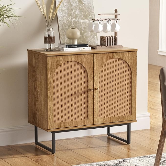 Sideboard Buffet Cabinet with Rattan Doors, Boho Storage Cabinet with Metal Legs, Wooden Accent Furniture for Dining/Living Room, Hallway, Entryway (Natural, 2 Doors)
