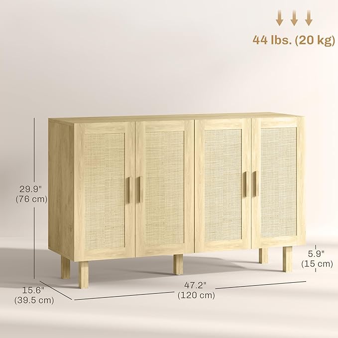 HOMCOM Boho Sideboard Buffet Cabinet, Coffee Bar Cabinet with 4 Rattan Doors and Adjustable Shelves for Kitchen, Living Room, Natural