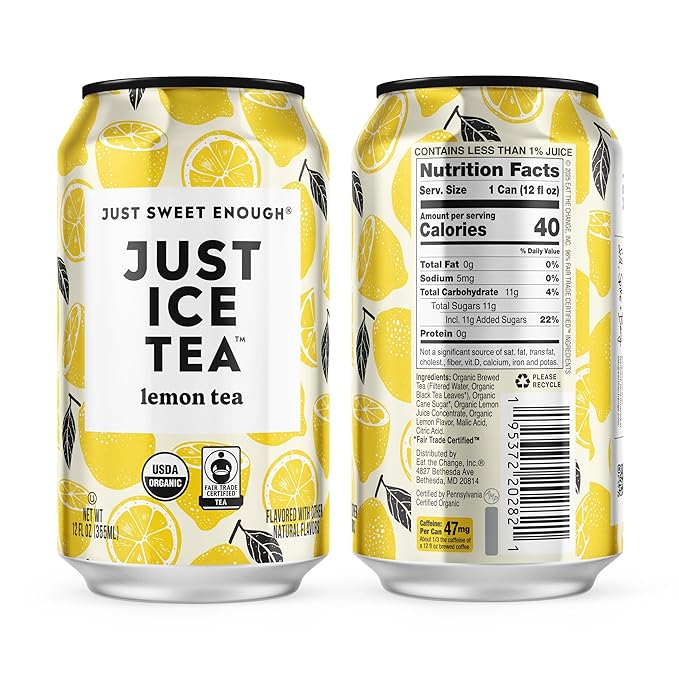 Just Ice Tea, Lemon Flavored Black Iced Tea, 12-Pack (12oz Cans), USDA Certified Organic, Real Brewed, Low Calorie, No Artificial Sweeteners, Fair Trade, Made in USA.