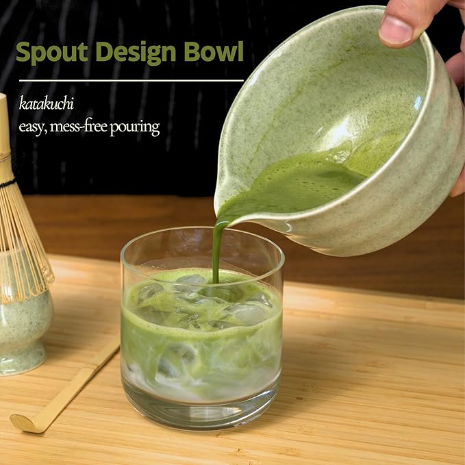 Matcha Whisk Set, Matcha Set, Handcrafted Bamboo Chasen & Ceramic Bowl Matcha Kit, 5 Pcs Matcha Set Whisk and Bowl with Stainless Steel Sifter, Tea Ceremony, Jade