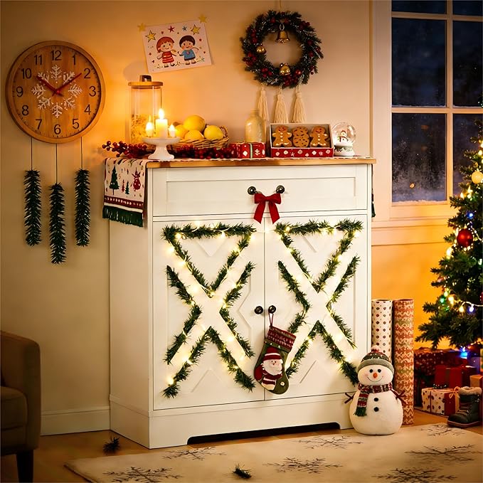Garvee Farmhouse Coffee Bar Cabinet - Kitchen Storage Buffet Sideboard with 2 Doors, Drawer & Adjustable Shelf, White Cabinet for Kitchen, Living Room, Entryway, 150 LB Capacity