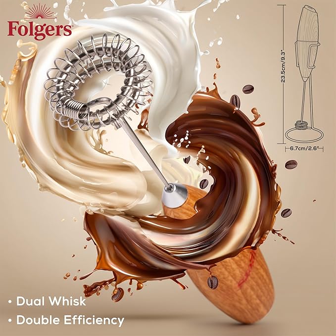 Folgers Electric Coffee Milk Frother – Handheld Battery-Operated Drink Mixer with Stainless Steel Whisk & Stand, Wood-Grain Finish, Perfect for Lattes, Cappuccinos & Hot Chocolate