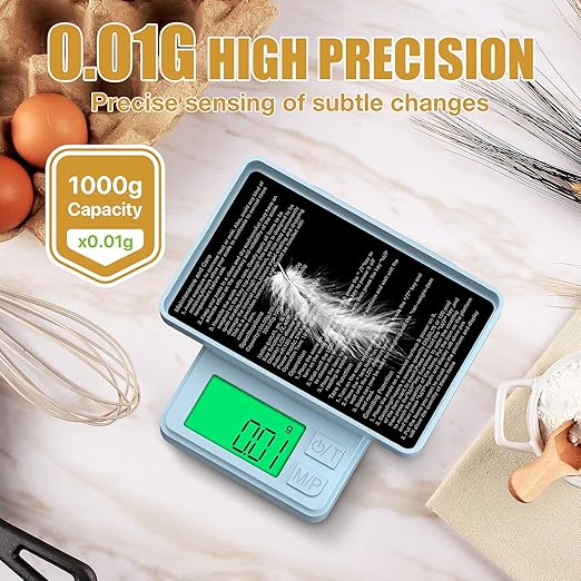 Diyife Gram Scale, 1000g/0.01g Digital Jewelry Scale for Powder, Gold, Gem, Mini Scale with LCD Display, 7 Units, Tare, Light Blue (Batteries Included)
