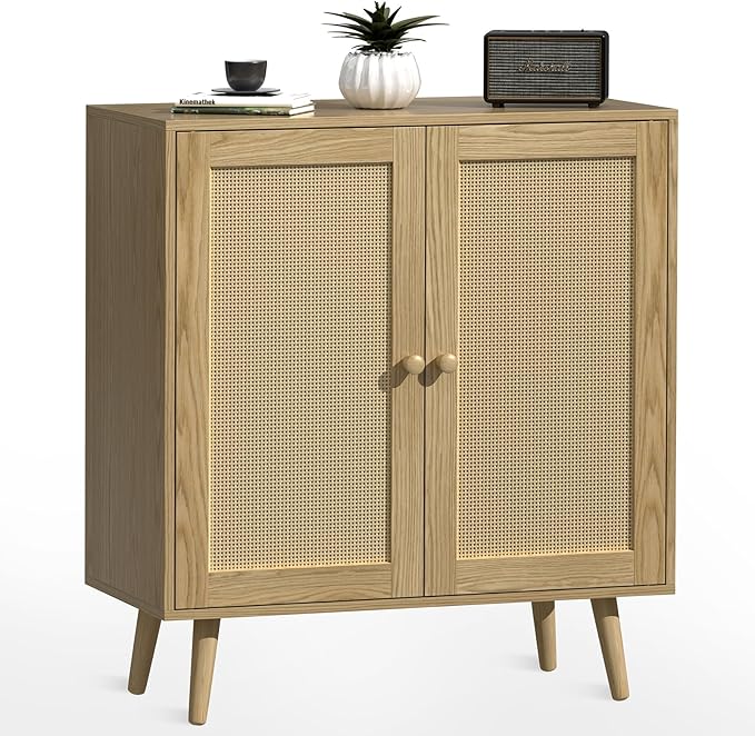 2 Door Rattan Storage Cabinet, Wood Kitchen Sideboard Buffet Console Table with Shelves for Living Room, Hallway, Kitchen, Oak