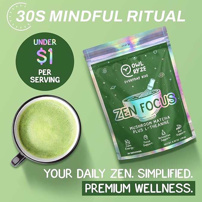 OwlRyze Mushroom Matcha Instant Zen Focus - Ceremonial Grade Matcha Power with 6 Functional Mushrooms, Lion's Mane, Cordyceps & L-Theanine for Calm Focus Energy, Immune Support - 100% Vegan, 30 Servings