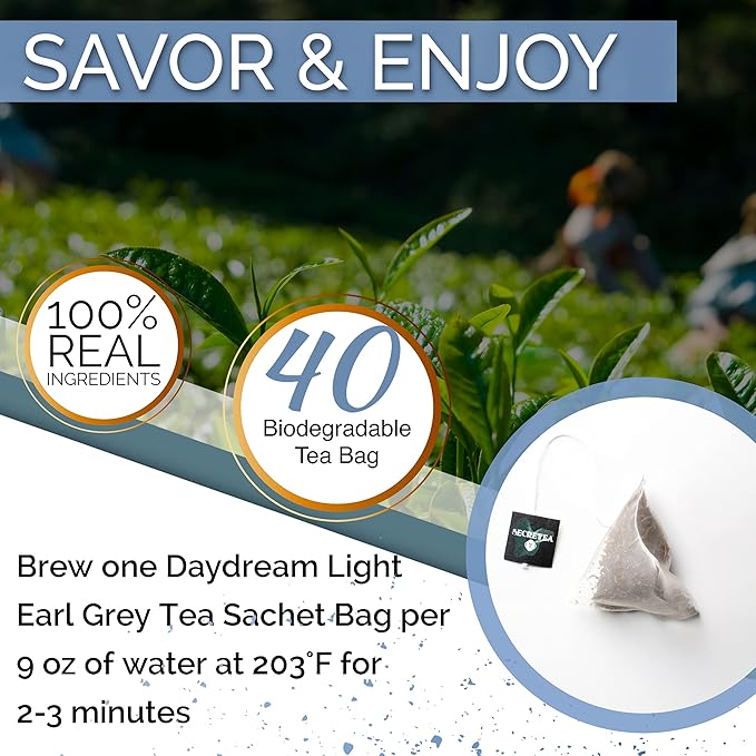 Organic Earl Grey Tea, Good for BREAKFAST TEA | NATURAL ANTIOXIDANTS,100% Real ingredients, 40 Count Unwrapped Tea Bag | By T SECRETEA, Daydream