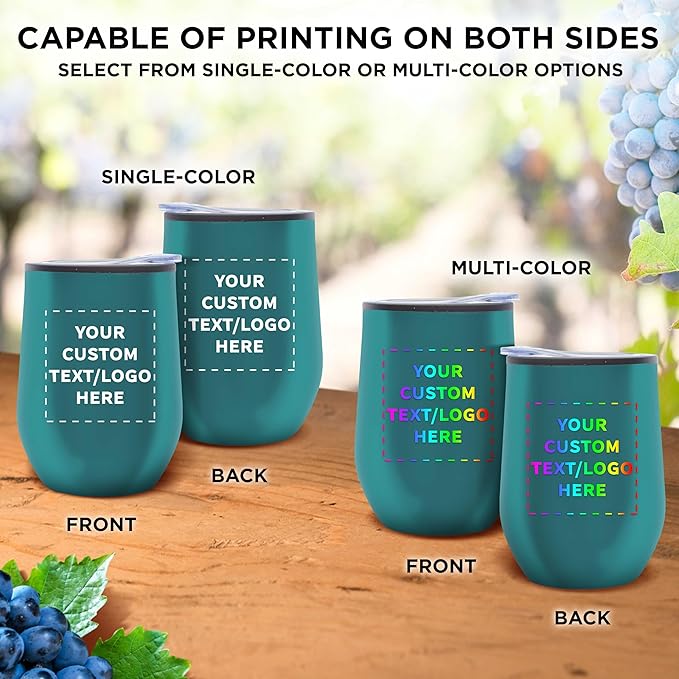 Custom Stemless Wine Tumblers 12 oz. Set of 6, Personalized Bulk Pack - Insulated, Perfect for Wine, Cocktails, Other Hot & Cold Beverages - Teal