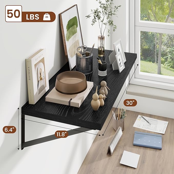 Deep Wall Shelves 30"W x 12"D Engineered Wood Floating Shelves for Wall, Sturdy Metal Bracket Bookshelves Home Decor Storage for Living Room Bedroom Bathroom Kitchen, Set of 2, Black Finish