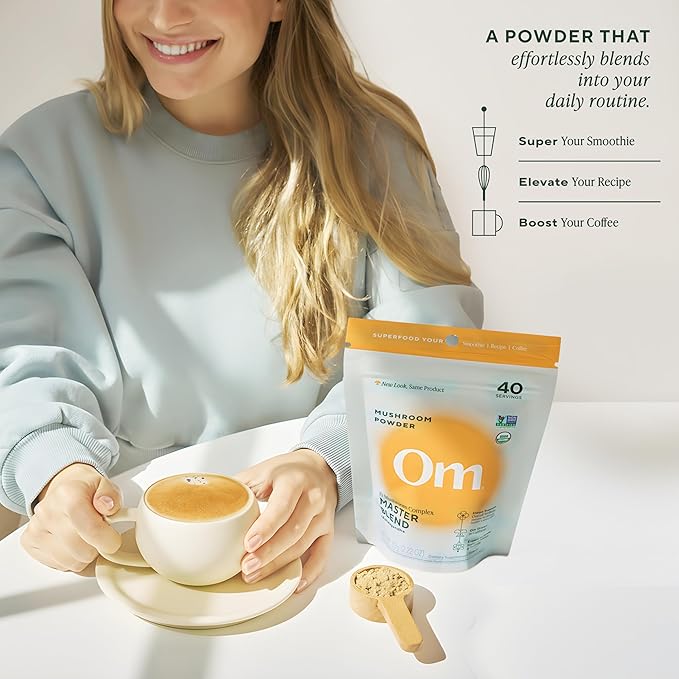 Om Master Blend Mushroom Powder – Organic Mushroom Supplement with 10 Mushrooms and Ashwagandha - Support Immunity, Gut Health & Stress Relief, 3.17 oz (40 Servings)