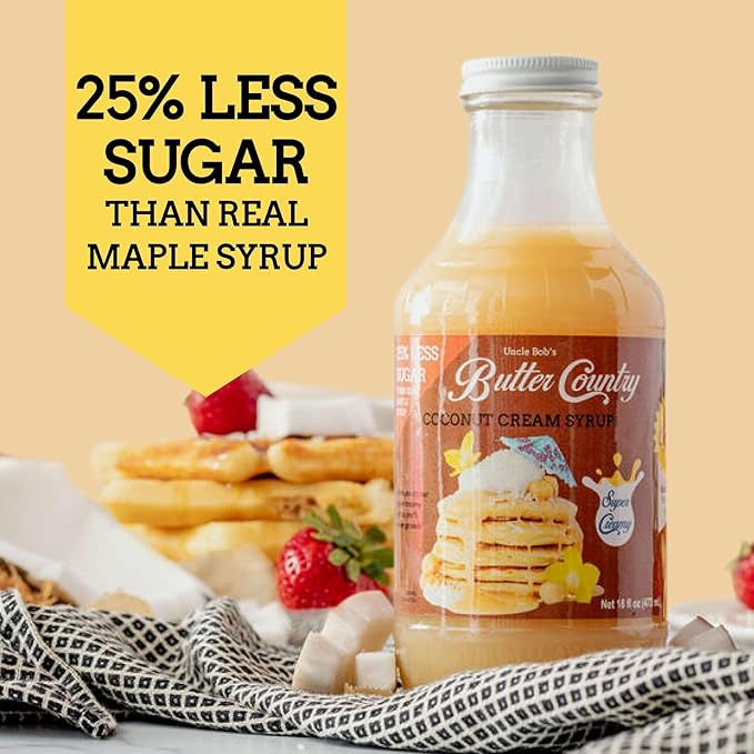 Uncle Bob's Butter Country Rich & Creamy Coconut Syrup for Pancakes and Waffles, Less Sugar, No Corn Syrup, Gluten Free, Made without Artificial Flavors, 16 fl oz Bottle