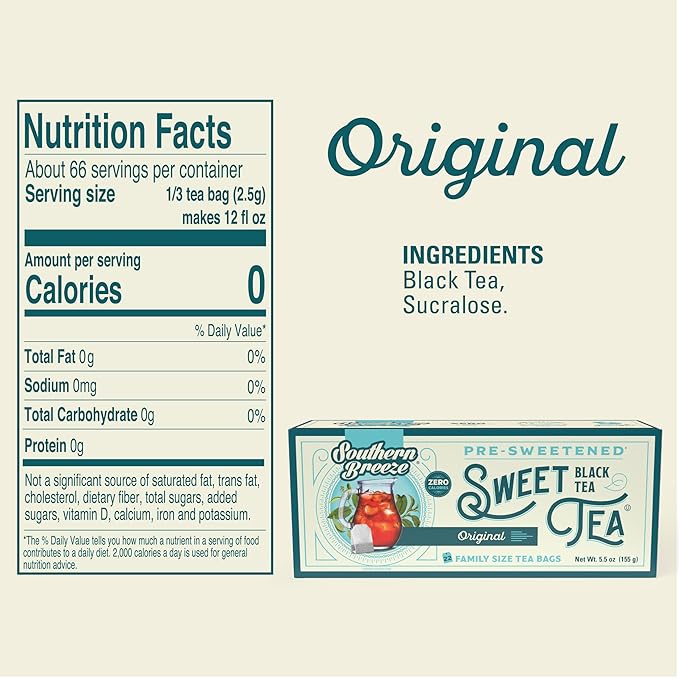 Southern Breeze Hot Brew Sweet Tea Original Iced Tea with Black Tea and Zero Carbs Zero Sugar, 22 Individually Wrapped Family Size Tea Bags, Pack of 2