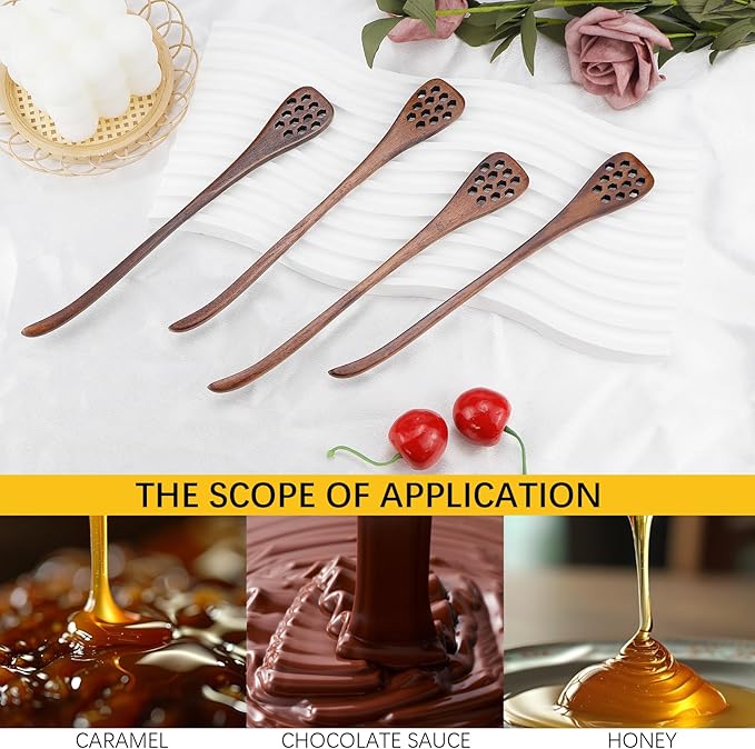 4PCS Wooden Honey Dipper Sticks - Natural Honey Drizzler Stirrer for Tea, Coffee, Syrup (7.3"),Reusable Honey Comb Spoon Set for Jar Dispensing Bread Spread Chocolate Caramel (Brown)