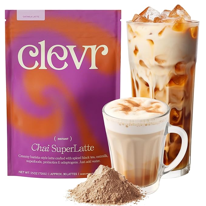 Clevr Chai Tea Latte, Instant Superfood Powder Blend with Oat Milk, Lions Mane, Reishi Mushroom, Black Tea, Organic Spices, Coconut Cream, Ashwagandha, Oprah’s Favorite Things 2022, (30 Lattes)
