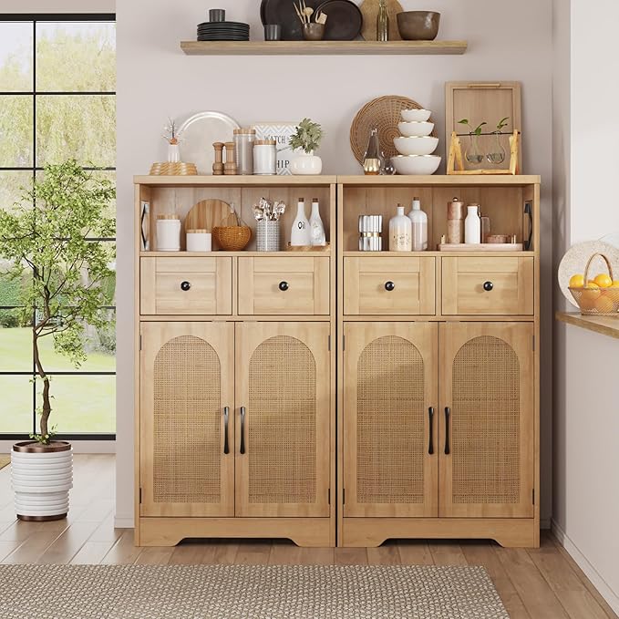 Vabches Rattan Buffet Sideboard, Boho Storage Cabinet with 2 Drawers and Adjustable Shelves, Farmhouse Coffee Bar Station Microwave Stand with Storage for Kitchen, Dining/Living Room, Natural