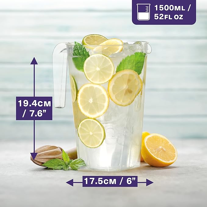 MATANA 6 Pack Clear Water Pitchers - 52 oz Acrylic Plastic Beer Pitcher with Handle for Drinks, Juice, Lemonade, and Beverages - BPA-Free and Durable Iced Tea Pitcher for Fridge, Home, & Party