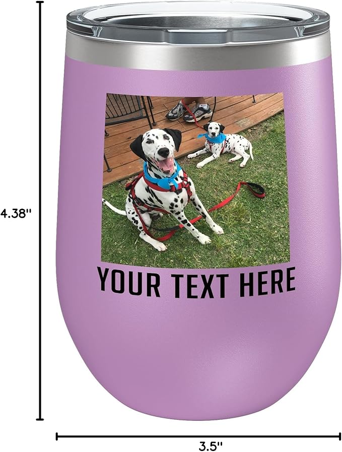 Personalized Mothers Day 12oz Photo Printed Insulated Stainless Steel Powder Coated Stemless Wine Tumbler with Lid, Customized Mum Gift Idea for Her, Custom Mom Team (Light Purple)
