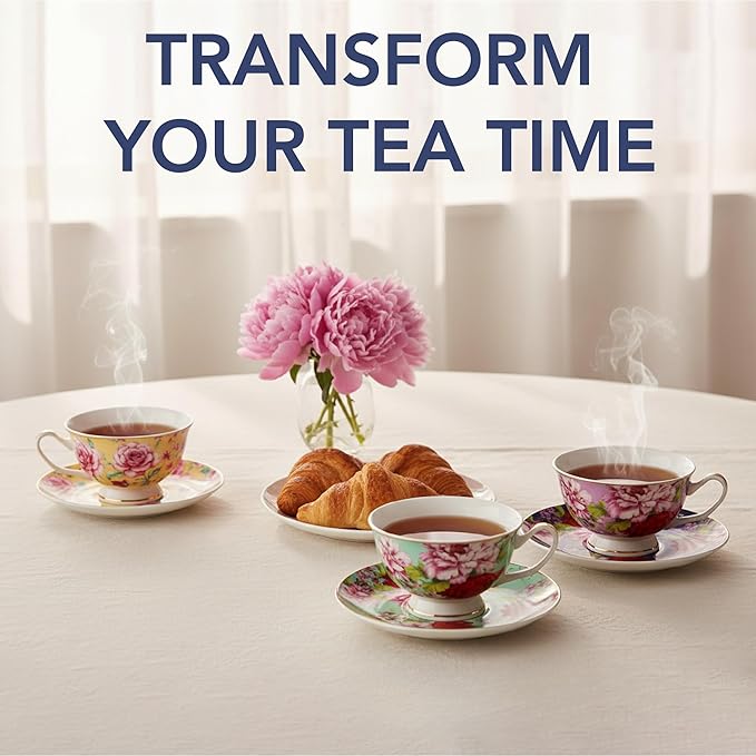 BTaT- Tea Cups and Saucers, Set of 6, 8 oz, Floral Design, Porcelain Tea Cup Sets, Dishwasher Safe