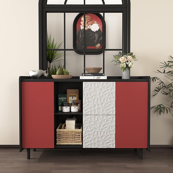 47" Buffet Cabinet with Storage, Modern Coffee Bar, Kitchen Cabinet with 2 Push-to-Open Drawers and 2 Red Doors for Dining Room, Living Room