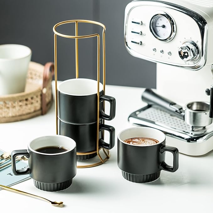 Stackable Coffee Mugs with Stand, 11oz Ceramic Latte Cup Set of 4 for Espresso Cappuccino Tea Hot Cocoa, Dishwasher & Microwave Safe, Black