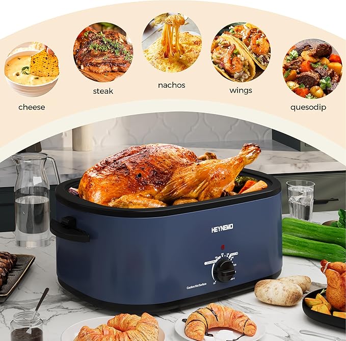 HEYNEMO 24Qt Turkey Roaster Oven Buffet with Self-Basting Lid, 1450W Electric Roaster Oven with Cool-Touch Handles, Removable Pan and Rack, Stainless Steel, Blue