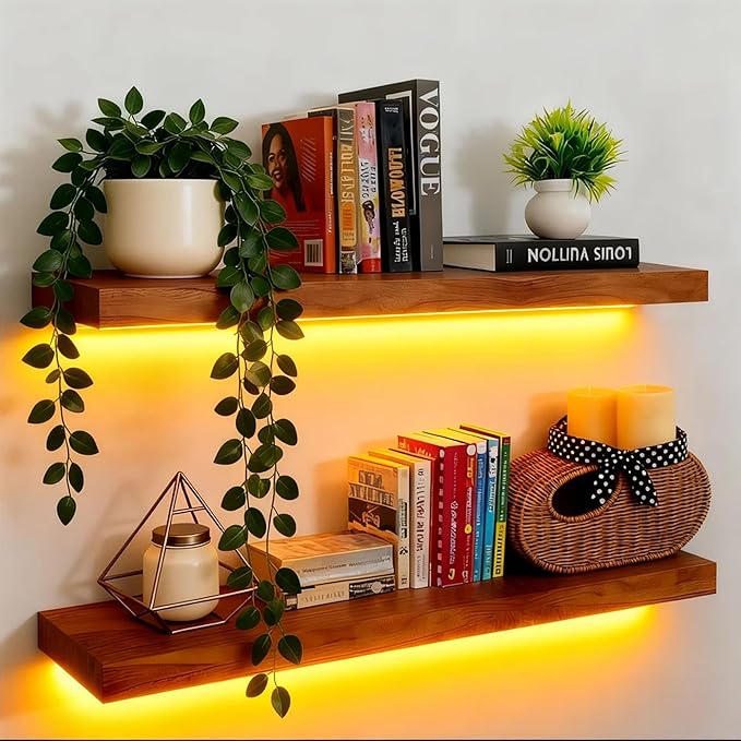 IAE Led Floating Wall Shelves 24 inch,Bathroom Shelf Wall Mounted,Invisible Shelf Floating Kitchen Shelves,Wooden Wall Shelving with Brackets for Living Room Wall Mounted,Easy Install,Set of 2,Teak