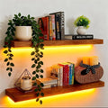 IAE Led Floating Wall Shelves 24 inch,Bathroom Shelf Wall Mounted,Invisible Shelf Floating Kitchen Shelves,Wooden Wall Shelving with Brackets for Living Room Wall Mounted,Easy Install,Set of 2,Teak