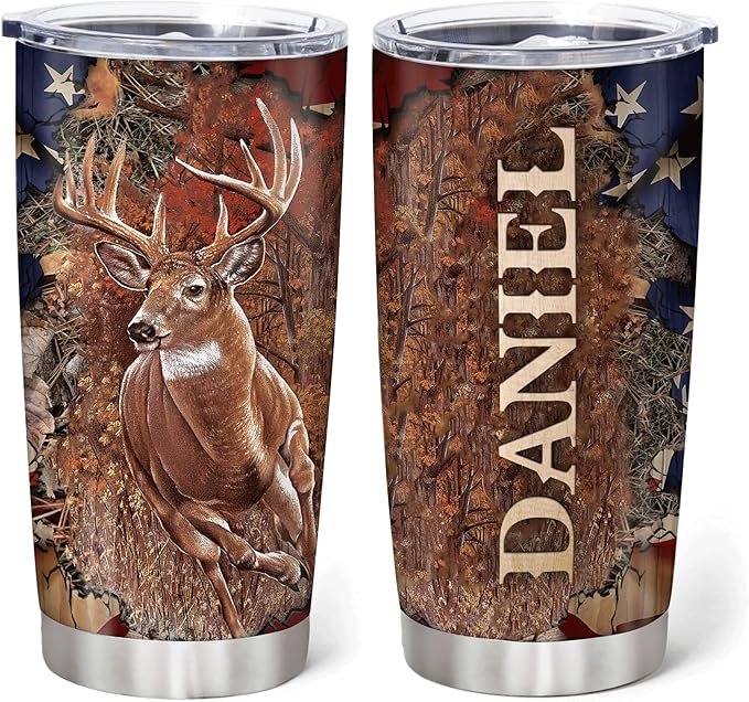 Hyturtle Personalized Hunting Gifts For Men - Deer Hunting Camo Tumbler 20Oz Travel Coffee Stainless Steel - Fathers Day Hunting Gift For Dad, Him, Boy, Husband, Hunters From Son, Wife On Birthday