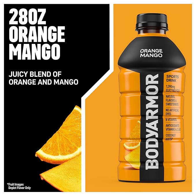 BODYARMOR Sports Drink, Orange Mango, Electrolyte Drink Hydration, 28 Fl Oz Bottles (15 Pack), Flavored Coconut Water with B Vitamins & Antioxidants