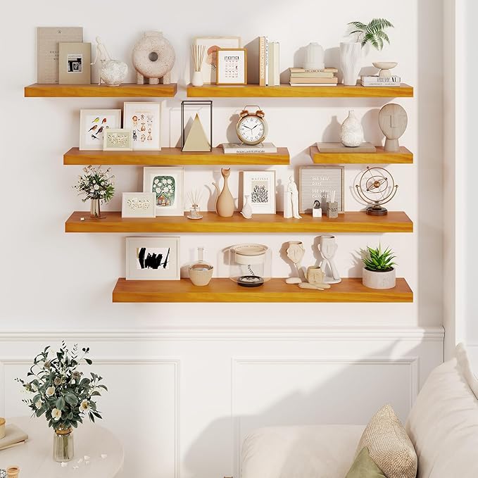 Fun Memories Wood Floating Shelves Set of 2, Rustic Pine Wood Floating Shelves for Wall Mounting, Wide Wall Shelf for Home Decor and Storage, 36" W x 7" D, Honey Oak