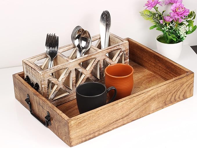 Wooden Decorative Serving Tray with Metal Handles | Wood Trays for Breakfast in Bed, Lunch, Dinner, Appetizers, Patio, Ottoman, Coffee Table, Party (15" X 11" x 2.75")