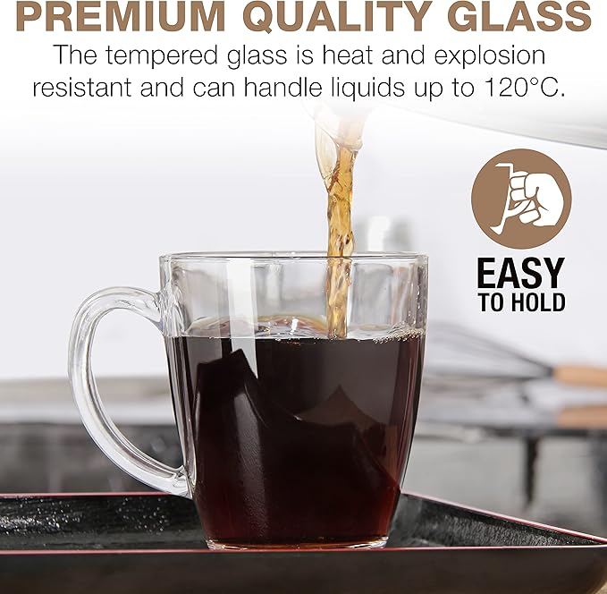 Eparé 12 oz Clear Tempered Glass Coffee Mugs Set of 6 for Hot Beverages - Durable - Giftable Tea & Coffee Glass Cup with Handle