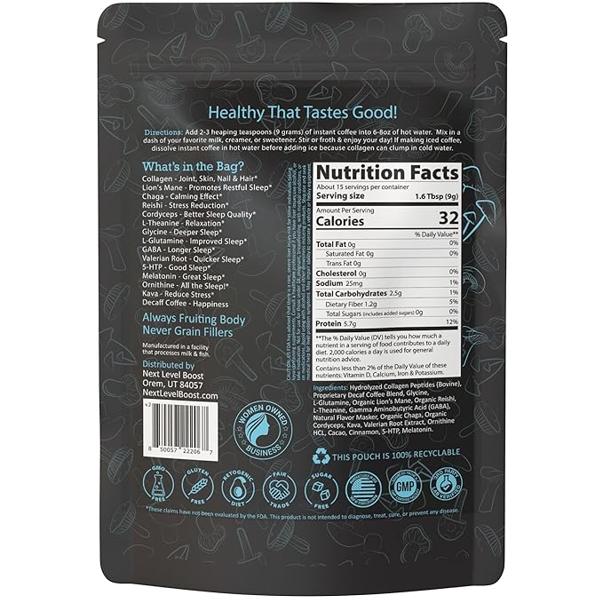 Sleep Boost with Kava Organic Mushroom Instant Coffee - 135g, 15 Servings Pouch - Healthy Coffee alternative and Substitute - With Collagen, Lions Mane and Antioxidants