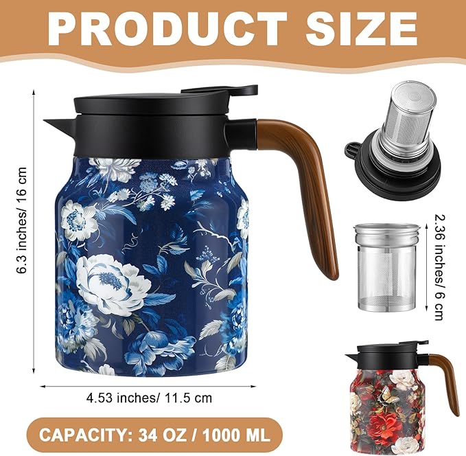 LemonRoad 2 Pcs Vintage Floral Pattern Tea Pot, Vintage Teapot with Infuser, Floral Pattern Tea Pot with Lid, Wooden Handle Thermal Carafe for Hot Drinks Coffee(Red, Blue)