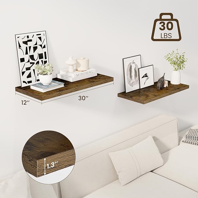 Dreamland 30" Floating Shelves for Wall, 12" Deep Slim Rustic Brown Floating Shelves, Wall-Mounted Shelves for Bedroom, Living Room, Kitchen, Bathroom - Set of 2