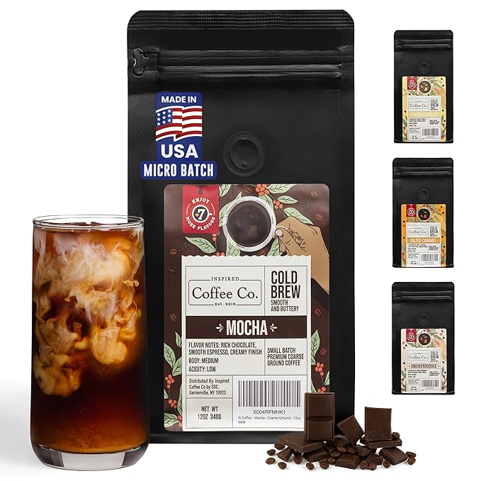 Inspired Coffee Co Cold Brew Coffee - Mocha Flavored - Coarse Ground Beans For Perfect Medium Roast Low Acid Smooth Taste - 100% Arabica Grounds 12 oz. Resealable Bag