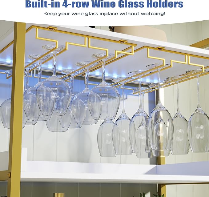 Wine Bar Cabinet with LED Lights, Industrial 67" Tall Coffee Bar with Glass Rack, Liquor Cabinet Wine Rack Storage Metal Wood Sideboard Buffet for Home Dining Living Room, White & Gold