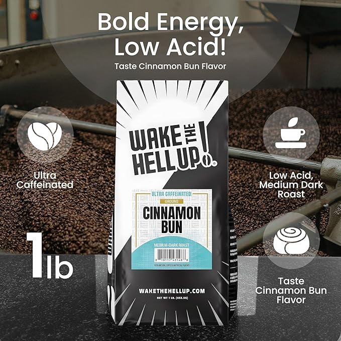 Wake The Hell Up! 1lb Ultra-Caffeinated Cinnamon Bun Ground Coffee, Low Acid, Medium-Dark Roast