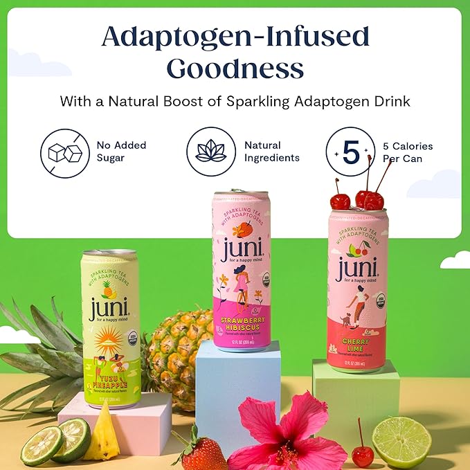 Juni Sparkling Adaptogen Drink with Ashwagandha, Lion's Mane & Reishi Mushrooms, Green Tea for Focus, Zero Sugar, 5 Calories, All Flavors 24-Pack