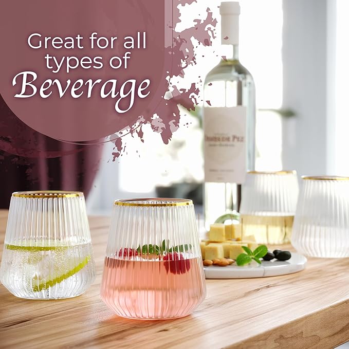 Exquisite 24 Pcs Unbreakable Stemless Plastic Wine Glasses Disposable Wine Glasses Stemless 12 Oz Gold Rimmed Plastic Cups Reusable Clear Party Cups Disposable Cocktail Glass For Weddings & Events